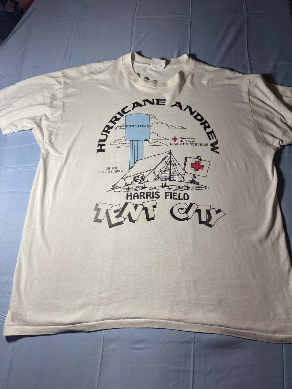 Vintage 1992 Hurricane Andrew Harris Field Tent City T-Shirt